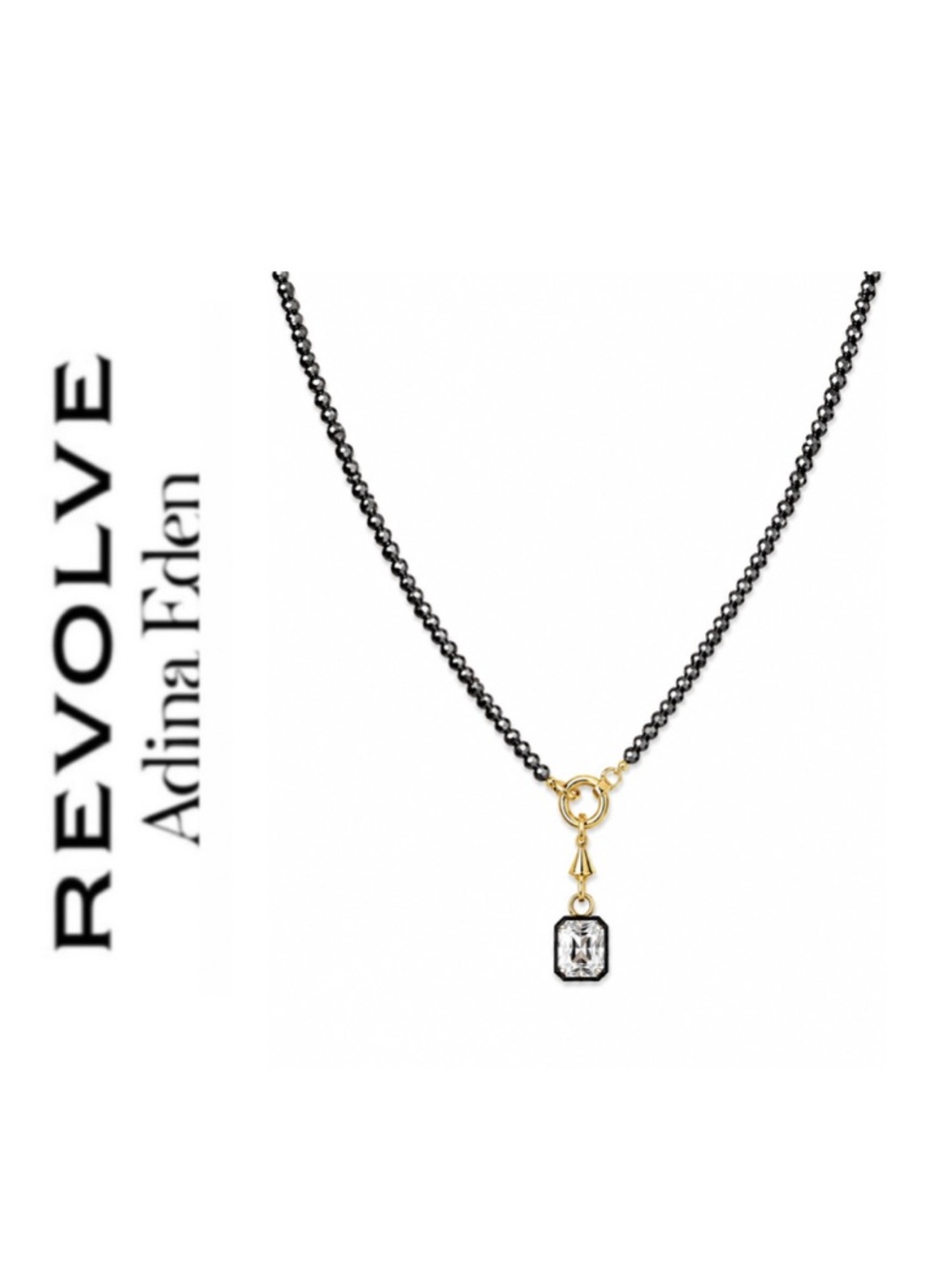 Revolve x Adina Eden Faceted Gunmetal Hematite Beaded Necklace Emerald CZ Charm
